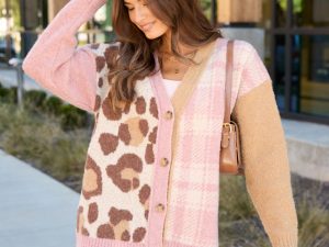Maleah Pink Plaid And Animal Print Cardigan