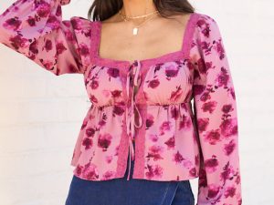 Adrienne Pink Lace Trim Floral Tie Blouse