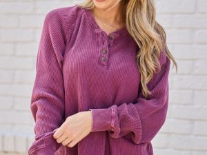 Abbie Long Sleeve Mineral Wash Dark Cherry Thermal Henley Top