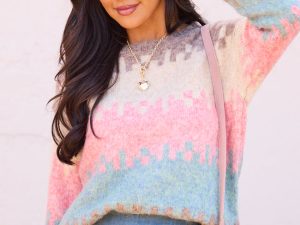 Indie Pink Blue And Taupe Geo Stripe Sweater