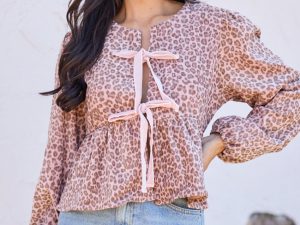 Talyn Pink Leopard Velvet Tie Front Top