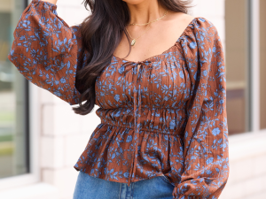 Vesper Brown And Blue Ruched Waist Top