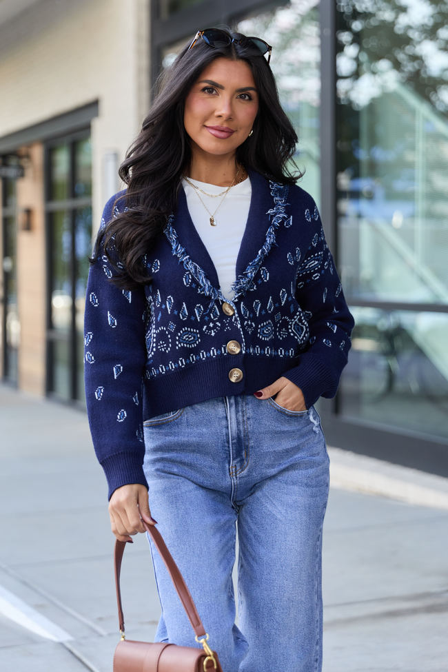 Zendaya Navy Blue Fringe Paisley Print Cardigan