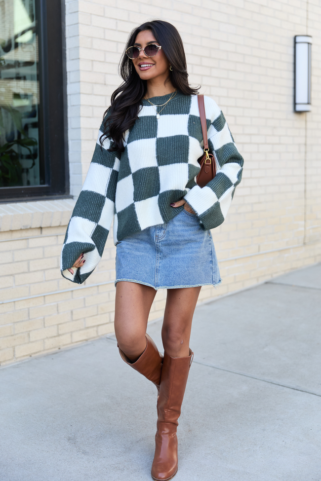 Raylee Green Checkered Crewneck Sweater - Image 2