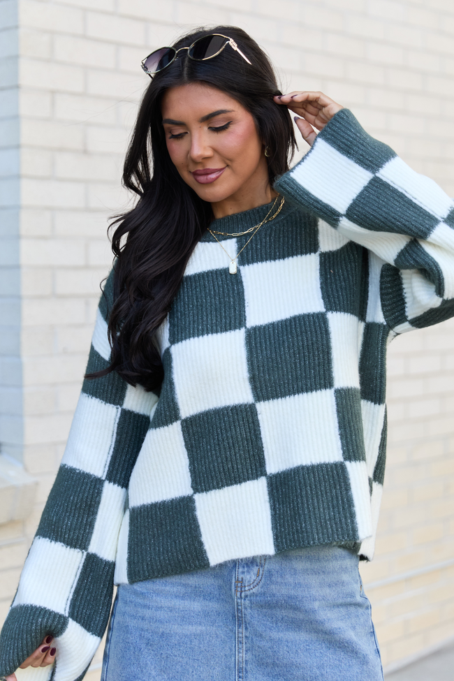 Raylee Green Checkered Crewneck Sweater