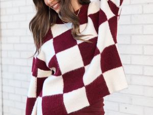 Raylee Burgundy Checkered Crewneck Sweater