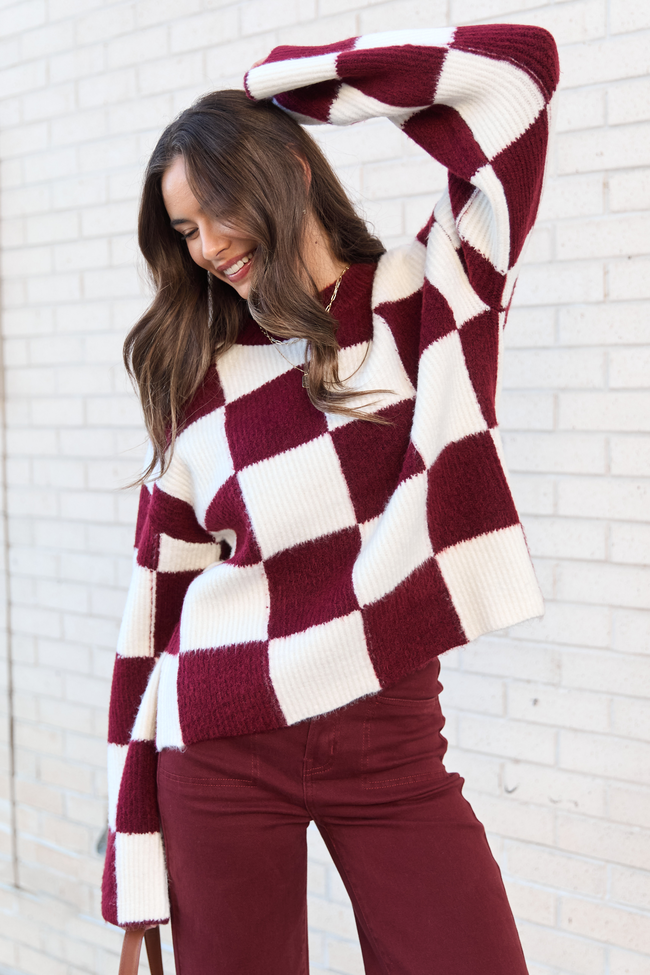 Raylee Burgundy Checkered Crewneck Sweater