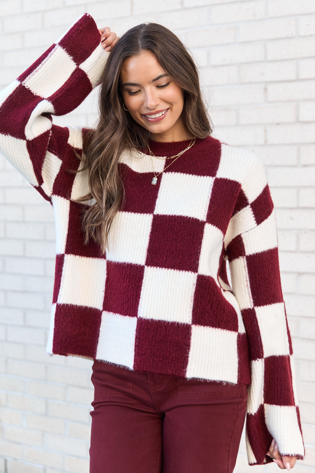 Raylee Burgundy Checkered Crewneck Sweater - Image 3