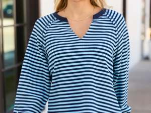 Harlee Blue Stripe V-neck Striped Waffle Knit Top