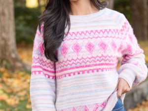 Jona Pink Multi Ground Fair Isle Crewneck Sweater