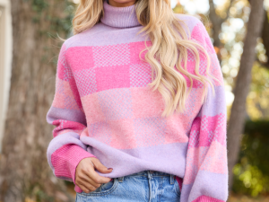 Landry Pink And Purple Checkered Turtleneck Sweater