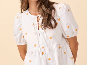Angela Short Sleeve White Embroidered Pumpkin Peplum Top FINAL SALE
