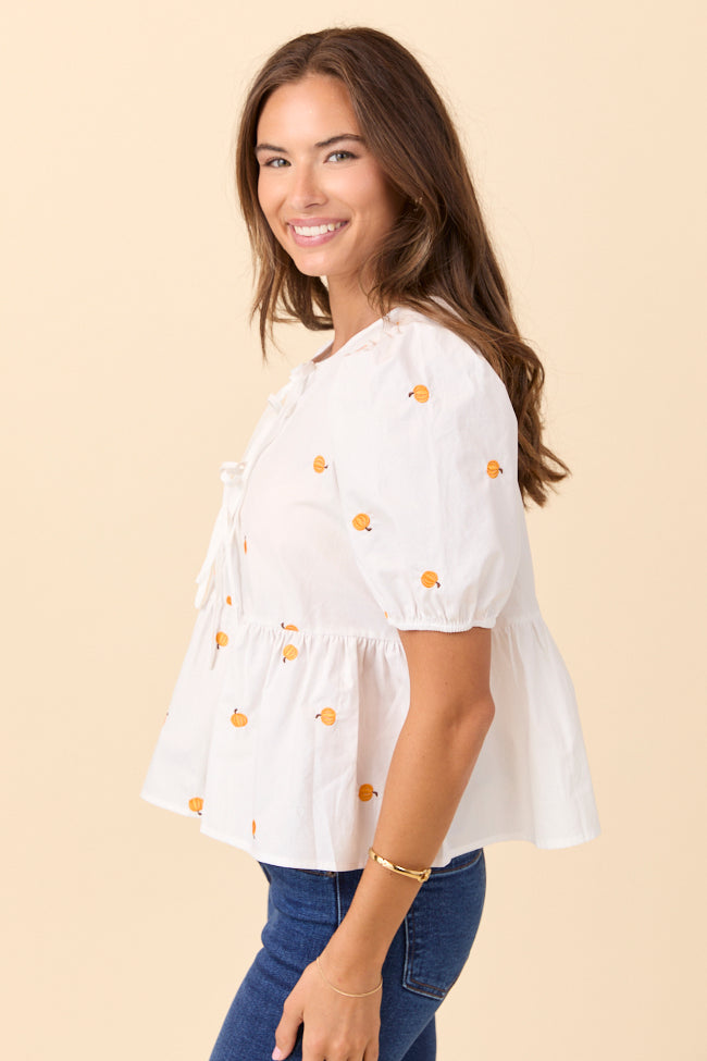 Angela Short Sleeve White Embroidered Pumpkin Peplum Top FINAL SALE - Image 4