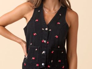 Beneath The Moon Floral Embroidered Stretch Denim Vest