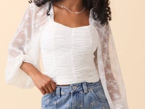 The Lucy Ivory Floral Mesh Ruched Top