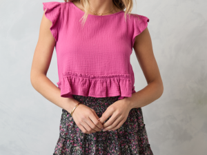 Ruby Pink Gauze Flutter Button Back Woven Blouse